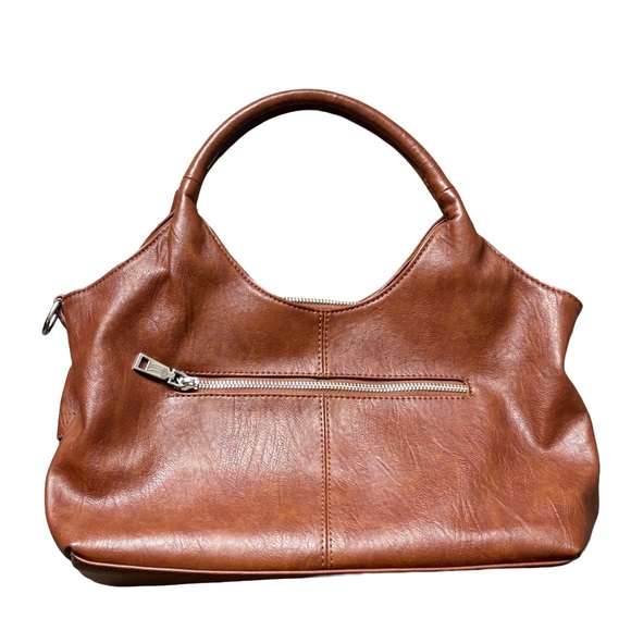 Brown Vegan Leather Satchel Handbag Cognac Top Handle Purse Work Bag - Picture 2 of 8